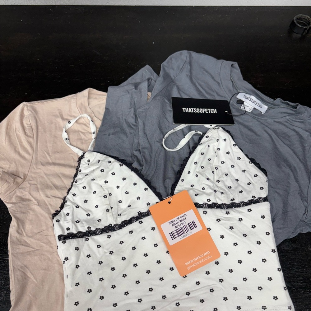 That’s So Fetch Bundle -White Floral Cami, Grey Long Sleeve and Tan Short Sleeve